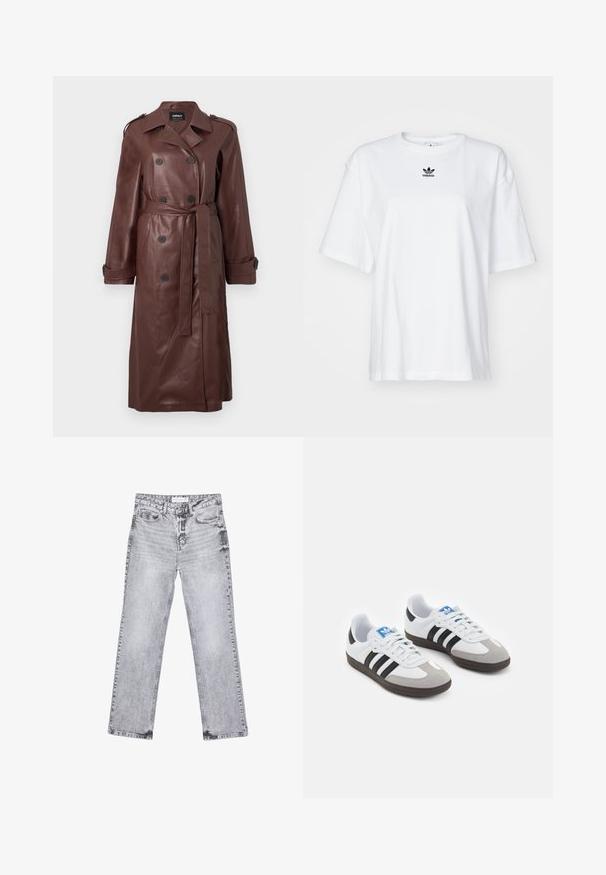 Brown leather trench coat with double-breasted buttons, belted waist, and shoulder epaulettes. Smooth texture with side pockets.; White short-sleeve t-shirt made of cotton. Features a crew neck and a small black Adidas logo on the chest. Straight-cut hem.; Gray denim jeans with a straight-leg cut, distressed detailing, five pockets, and copper rivets. Waistband features a logo tag.; Sport shoes with a white leather upper, gray suede toe, and three black stripes. Features a blue logo on the tongue and a textured rubber sole.