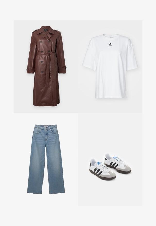Cappotto trench in pelle marrone con bottoni doppi, vita con cintura e spallini. Texture liscia con tasche laterali.; T-shirt bianco a maniche corte in cotone. Presenta un collo rotondo e un piccolo logo Adidas nero sul petto. Orlo dritto.; Jeans a gamba larga di colore azzurro chiaro realizzati in denim. Caratterizzati da vita alta, cinque tasche e un taglio dritto con minima scoloritura.; Scarpe sportive con tomaia in pelle bianca, punta in suede grigia e tre strisce nere. Presentano un logo blu sulla linguetta e una suola in gomma testurizzata.