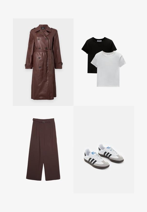 Manteau en cuir marron avec des boutons double boutonnage, taille ceinturée et épaulettes. Texture lisse avec des poches latérales.; Deux t-shirts à col rond en noir et blanc, fabriqués en coton. Ils ont des manches courtes et un design uni sans motifs ni accents.; Stradivarius WIDE-LEG WITH BUCKLE DETAIL  - Pantalon classique - dark brown; Baskets avec une tige en cuir blanc, un bout en daim gris et trois bandes noires. Présente un logo bleu sur la languette et une semelle en caoutchouc texturée.