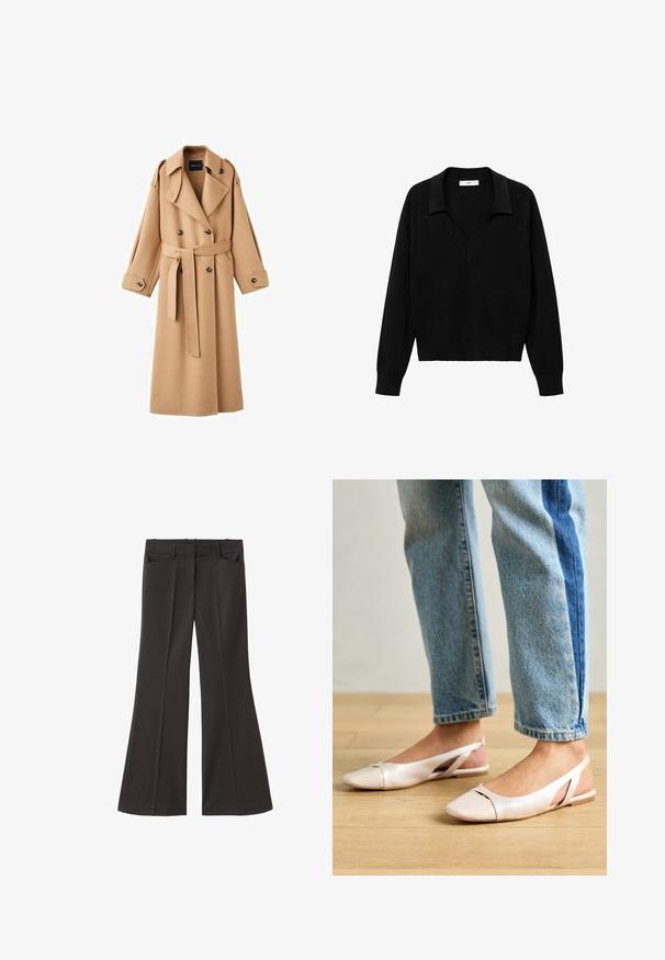 Trench coat in lana color cammello con davanti doppiopetto, ampie revers, vita con cintura e maniche lunghe con dettagli a bottoni.; Maglione nero a collo V con colletto. Realizzato in tessuto morbido, presenta maniche lunghe e una vestibilità comoda.; Pantaloni neri a zampa d'elefante con vita alta; presentano due tasche frontali e una texture del tessuto liscia. Adatti per varie occasioni.; Ballerine slingback rosa pallido con punta affusolata, realizzate in un materiale simile alla pelle liscio. Presentano dettagli a taglio sui lati e un tacco piatto.