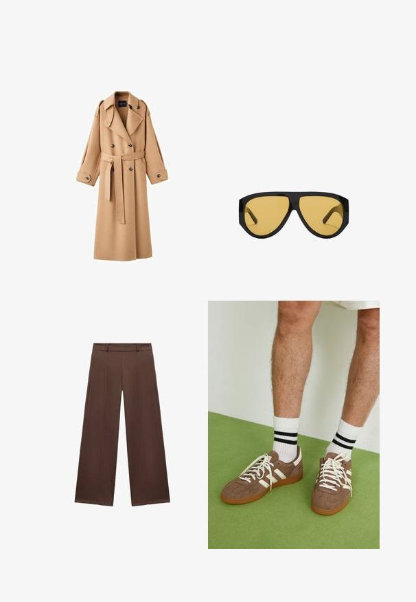 Karamelovo sfarbený vlnený trenčkot s dvojitým prekrytím, širokými klopami, opaskom v páse a dlhými rukávmi s detailmi na gombíky.; Krémový sveter s vodorovnými prúžkami v čiernej, zlatej, oranžovej a hnedej farbe. Vyrobený z mäkkej, textúrovanej pleteniny s okrúhlym výstrihom.; Hnedé široké nohavice vyrobené z mäkkej látky, s plochým predným dielom, pásom a skladanými detailami pre zvýšenú textúru.; Hnedé zamatové tenisky s bielymi akcentmi a šnúrkami. Gumová podrážka. Nosené s bielymi ponožkami so čiernymi pruhmi. Zelená textúrovaná podlaha.; Slnečné okuliare s elegantným čiernym plastovým rámom a žltými tónovanými sklami, s výrazným uhlovým tvarom a širokými spánkami pre zvýšenú ochranu.