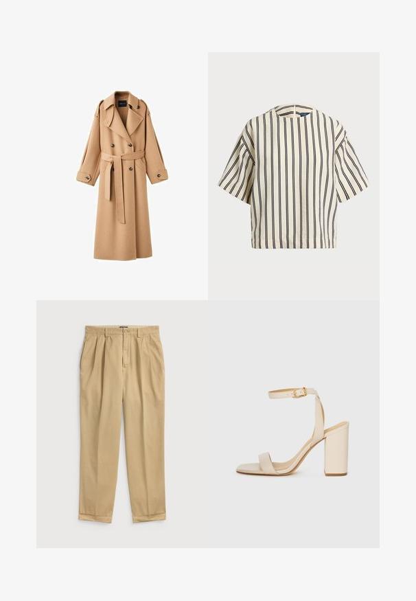 Camelkleurige wollen trenchcoat met een dubbelbreasted voorkant, brede revers, een ceintuur in de taille en lange mouwen met knoopdetails.; Korte mouwen, gestreepte top in crème en marineblauw, met een ronde halslijn en een boxy ontwerp van een textuurstof.; Lichtbeige katoenen broeken met een ontspannen pasvorm, voorzien van voorplooien, zijzakken en een manchetzoom.; Beige hoge hakken sandaal met een vierkante neus, dunne enkelband en blokhak. Gladde leren textuur met een gouden sluiting.