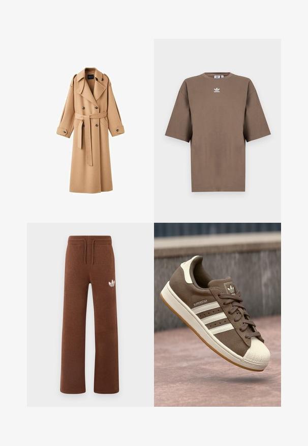 Camelkleurige wollen trenchcoat met een dubbelbreasted voorkant, brede revers, een ceintuur in de taille en lange mouwen met knoopdetails.; Bruine katoenen t-shirt met korte mouwen, ronde hals en wit Adidas-logo gecentreerd op de borst, met een eenvoudige uitstraling en een relaxte pasvorm.; Bruine sweatpants van zacht materiaal met een relaxte pasvorm, voorzien van een elastische tailleband, koord en een wit logo op de linker dij.; Bruine suède sneakers met witte strepen, crème accenten en een rubberen shellneus. Voorzien van een vetersluiting en een textuur van gumzool.