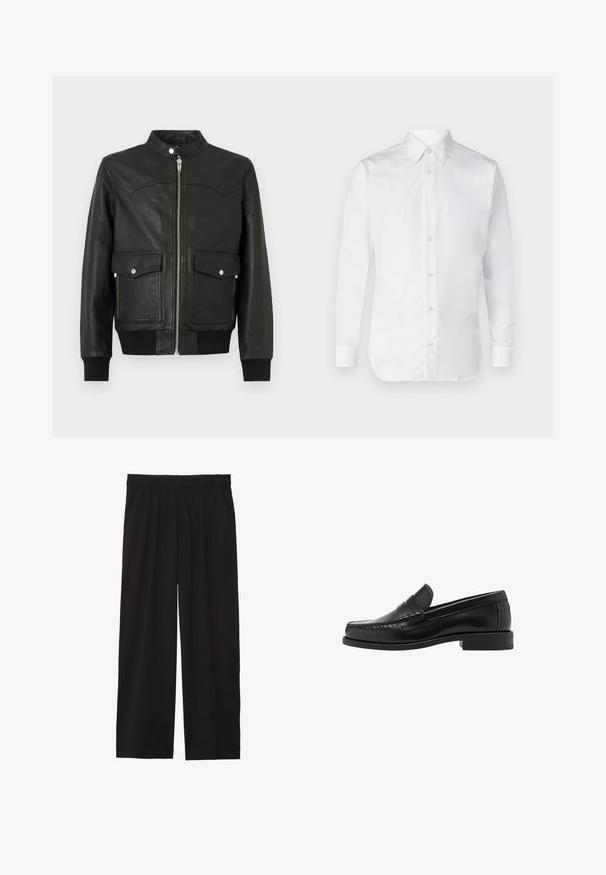 Zwarte leren bomberjack met een ritssluiting aan de voorkant, twee voorzakken, geribbelde manchetten en kraag. Gladde textuur met subtiele stikseldetails.; Witte overhemd met lange mouwen van soepel katoen, met een klassieke kraag en een subtiele glans. Vijf knopen aan de voorkant.; Zwarte wijde broek met geplooide voorkant, zijzakken en een gladde stoftextuur. Ontworpen voor een ontspannen pasvorm.; Zwarte leren instappers met een gladde afwerking, gestikte details op de neus en een lage hakontwerp voor comfort en stijl.