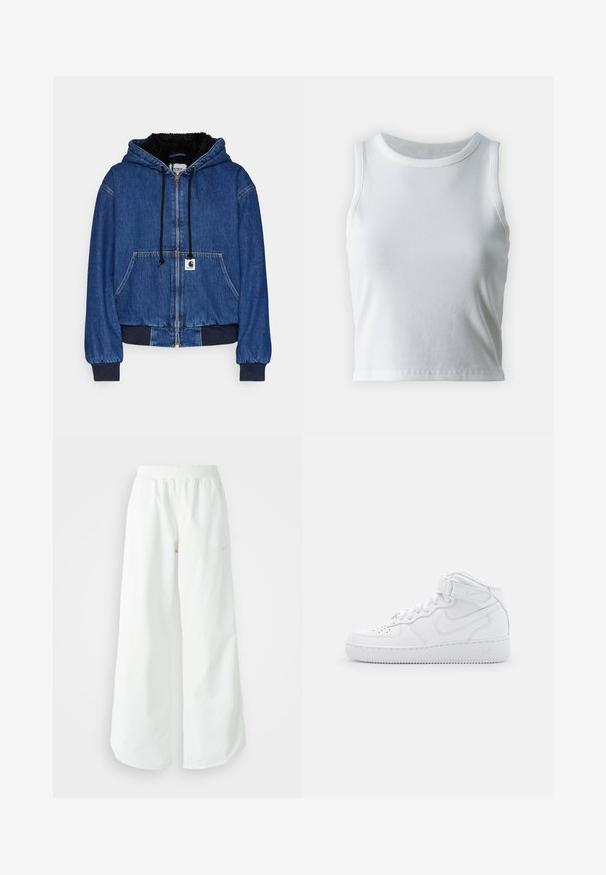 Carhartt WIP - Kurtka Bomber; Biała, prążkowana koszulka na ramiączkach z okrągłym dekoltem i bez rękawów, z prostym dołem i gładką, elastyczną teksturą.; Białe szerokie spodnie sportowe z podwyższonym stanem i subtelnym logotypem. Gładki materiał z luźnym krojem i zwężającym się dołem.; Białe sneakersy za kostkę wykonane ze skóry z wyściełanym kołnierzem, perforowanym noskiem, sznurówkami i regulowanym paskiem wokół kostki; logo po boku.
