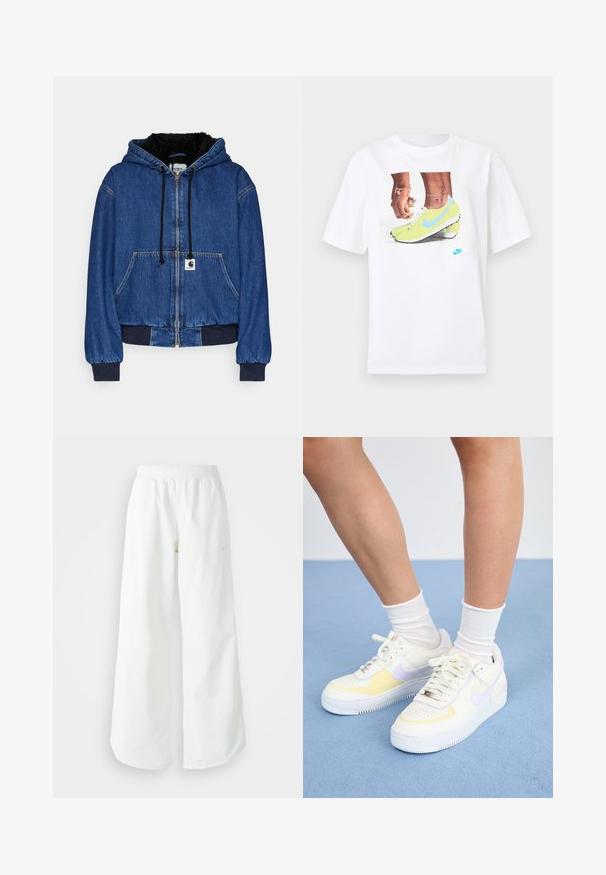 Carhartt WIP - Kurtka Bomber; Biała bawełniana koszulka z grafiką stóp w żółtych korkach Nike z niebieskimi akcentami, w połączeniu z bransoletką na lewym nadgarstku.; Białe szerokie spodnie sportowe z podwyższonym stanem i subtelnym logotypem. Gładki materiał z luźnym krojem i zwężającym się dołem.; Białe skórzane sneakersy z żółtymi i lawendowymi akcentami, okrągły nos, płaskie sznurówki i teksturowana gumowa podeszwa. Noszone z białymi skarpetkami.