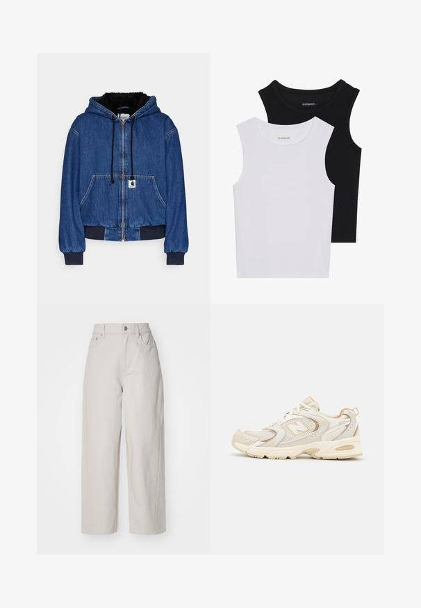 Carhartt WIP ACTIVE JACKET - Bomberjakke - blue; To stribede toppe i sort og hvid, lavet af ribbet bomuld, med runde halsudskæringer og en tætsiddende pasform. Etiketter synlige på begge.; Beige brede benbukser i cotton med høj talje, knap- og lynlås-lukning og fire lommer; glat tekstur med denim-finish.; Beige atletik sko med mesh og syntetiske overlejringer, med en tekstureret overflade, polstret krave og "ABZORB" dæmpning ved hælen.