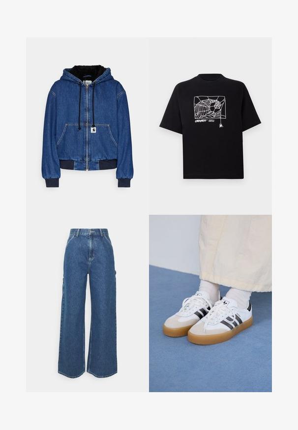 Carhartt WIP ACTIVE JACKET - Blouson Bomber - blue; T-shirt noir en coton à manches courtes. Présente un graphisme de toile d'araignée blanche et un logo à l'avant. Encolure ronde simple.; Pantalons en denim bleu à jambes larges avec taille haute, couture contrastée et poches latérales, présentant un design classique à cinq poches et des ourlets bruts.; Baskets blanches avec des rayures noires et des accents en daim beige. Elles présentent une semelle en gomme texturée et des lacets plats blancs, portées avec des chaussettes claires.
