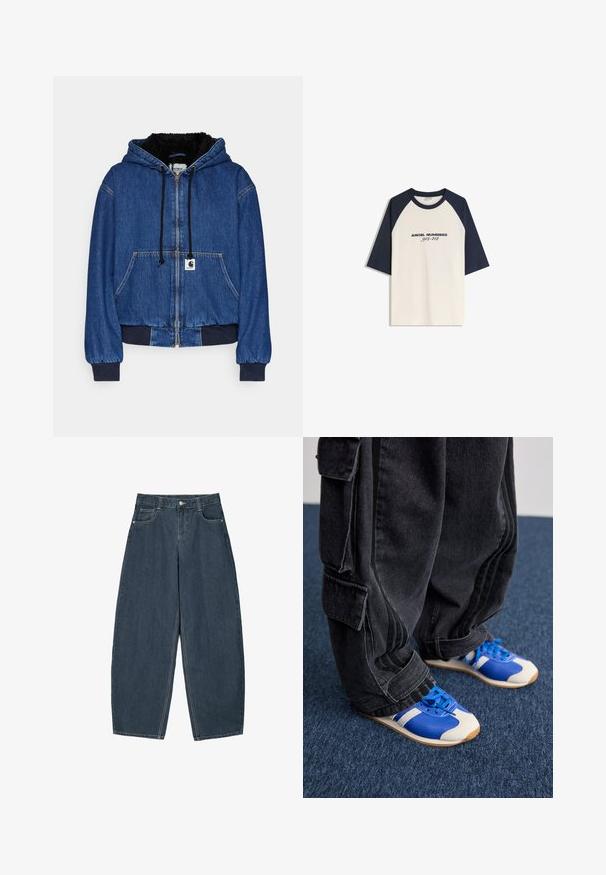 Carhartt WIP ACTIVE JACKET - Giubbotto Bomber - blue; T-shirt con maniche a raglan color crema e maniche blu scuro, con la scritta "NUMERI ANGELICI 912-412" stampata sul davanti in nero. Materiale misto cotone.; Jeans a gamba larga in denim blu scuro con vita alta, dotati di cinque tasche e dettagli di cucitura visibili. Design pulito e minimal.; Persona che indossa pantaloni cargo neri larghi e sneakers blu e bianche, in piedi su un tappeto blu scuro.