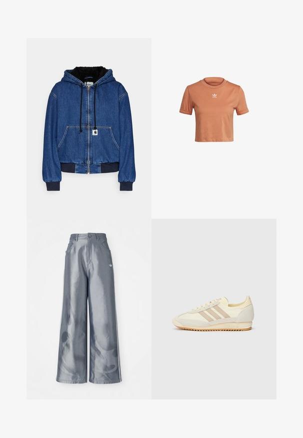 Carhartt WIP ACTIVE JACKET - Bomberjacke - blue; adidas Originals TOP ADICOLOR ORIGINALS REGULAR T-SHIRT - T-Shirt print - hazy copper; Weite Hose aus glänzendem grauem Material, ausgestattet mit weißen seitlichen Streifen und einem Flammenmuster an den Unterschenkeln. Knopf- und Reißverschlussverschluss an der Taille.; Cremefarbene sportliche Sneakers mit drei beigen Streifen, aus Wildleder und Textilmaterialien, einer strukturierten Sohle und geprägtem Branding an der Ferse.