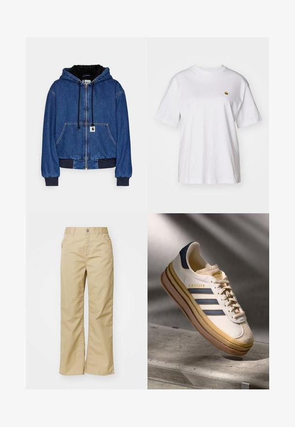 Carhartt WIP ACTIVE JACKET - Bomber dzseki - blue; Fehér pamut póló laza szabással, rövid ujjakkal és egy kis hímzett logóval a bal mellrészén.; Sötét bézs pamut, bő szárú nadrág sima textúrával, elülső zsebekkel és ezüst gombbal a derék résznél.; Adidas Gazelle sneaker, krém színű velúr felsőrésszel, kék bőr részletekkel, három kék csíkkal, bézs középtalppal és barna gumitalppal.