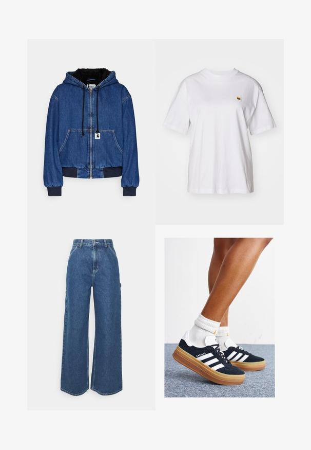 Carhartt WIP ACTIVE JACKET - Blouson Bomber - blue; T-shirt en coton blanc avec une coupe décontractée, des manches courtes et un petit logo brodé sur la poitrine gauche.; Pantalons en denim bleu à jambes larges avec taille haute, couture contrastée et poches latérales, présentant un design classique à cinq poches et des ourlets bruts.; Baskets en daim noir avec des rayures et des accents blancs, bout arrondi, semelle extérieure en caoutchouc gomme, associées à des chaussettes blanches côtelées mi-mollet.