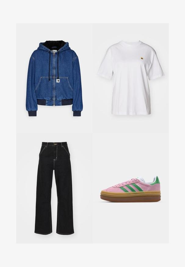 Carhartt WIP ACTIVE JACKET - Bomberjacke - blue; Weißes Baumwoll-T-Shirt mit lockerem Schnitt, kurzen Ärmeln und einem kleinen gestickten Logo auf der linken Brustseite.; Schwarze weit geschnittene Jeans aus Denim, mit kontrastierenden weißen Nähten und einem vorderen Knopfverschluss, ausgestattet mit zwei schrägen Fronttaschen.; Rosa Wildledersneaker mit grünen Streifen, weißen Akzenten und einer braunen Gummisohle. Verfügt über strukturierten Stoff und Logodetails an der Seite.