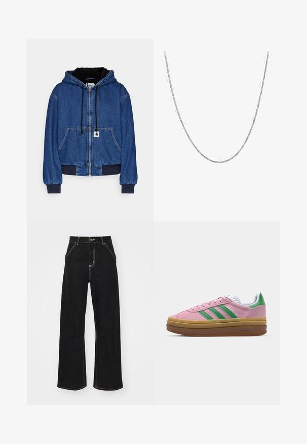 Carhartt WIP ACTIVE JACKET - Bomber dzseki - blue; Fehér pamut póló laza szabással, rövid ujjakkal és egy kis hímzett logóval a bal mellrészén.; Fekete, széles szárú farmernadrág, kontrasztos fehér varrással és elülső gombos záródással, két ferde elülső zsebbel.; Rózsaszín zamákból készült sportcipő zöld csíkokkal, fehér díszítéssel és barna gumi talppal. Texturált anyaggal és logóval ellátott részletekkel az oldalon.; Ez egy ezüst lánc nyaklánc, sima, kerek, lapos láncszemekkel. Csillogó felülettel rendelkezik és hozzávetőlegesen 20 hüvelyk hosszú.