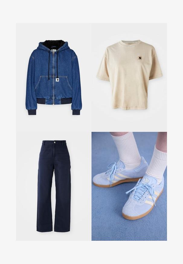 Carhartt WIP ACTIVE JACKET - Bomberjacke - blue; Beige Baumwoll-T-Shirt mit lässigem Schnitt, Rundhalsausschnitt, kurzen Ärmeln und einem kleinen quadratischen Logo-Patch auf der linken Brustseite.; Marineblaue, weite Cargo-Hosen aus robustem Baumwollstoff, mit Seitentaschen und einem Knopfverschluss an der Taille.; Hellblaue Wildledersneaker mit weißen Streifen, flachen Schnürsenkeln und einer Sohle aus Gummi. Am Knöchel werden gerippte, weiße Socken getragen.