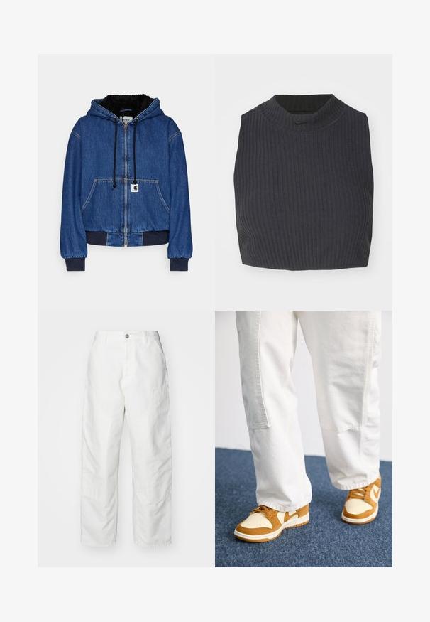 Carhartt WIP ACTIVE JACKET - Bomberjacks - blue; Afgekorte ribgebreide top in donker marineblauw, met een hoge halslijn en een subtiele Nike-logo. De stof heeft een gestructureerde, rekbare uitstraling.; Witte cargobroek van denim, met een relaxte pasvorm, zijzakken en zichtbare stiksels. Eenvoudige voorkant met een knoopsluiting.; Bruine en crèmekleurige sneakers van suède en leer, met een geperforeerde neus, veters en witte zolen. Draagt met witte broek.