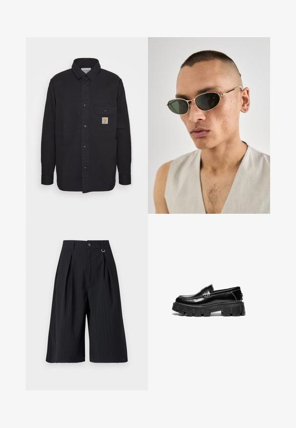 Zwarte button-up shirt van katoen, met een borstzak met een logopatch, een scherpe kraag en lange mouwen.; Twee t-shirts, één zwart en één wit, met korte mouwen, ronde halslijnen en een gladde katoenen textuur. Merkenlabel zichtbaar aan de binnenkant.; Grijs en wit geblokt overhemd met lange mouwen, een button-down kraag en een enkele borstzak. Gemaakt van geweven stof, met een nauwkeurig ruitpatroon.; Zwarte pinstripe shorts met plooien, een knoopsluiting en een metalen ringaccent. Glad materiaal met een getailleerde pasvorm en een knie-lange uitstraling.; Zwarte leren loafers met een robuuste rubberen zool, decoratieve band over de bovenkant en contrasterende witte stiksels. Gladde textuur met een ronde neus.; Goudgeframerate zonnebril met ovale zwarte lenzen. Heeft dunne veren en een minimalistisch ontwerp. Het frame heeft subtiele details en een gepolijste afwerking.; Bruine zijden stropdas met een diagonaal gestreepte textuur, spitse punt en een gladde afwerking, ontworpen voor formele of professionele omgevingen.