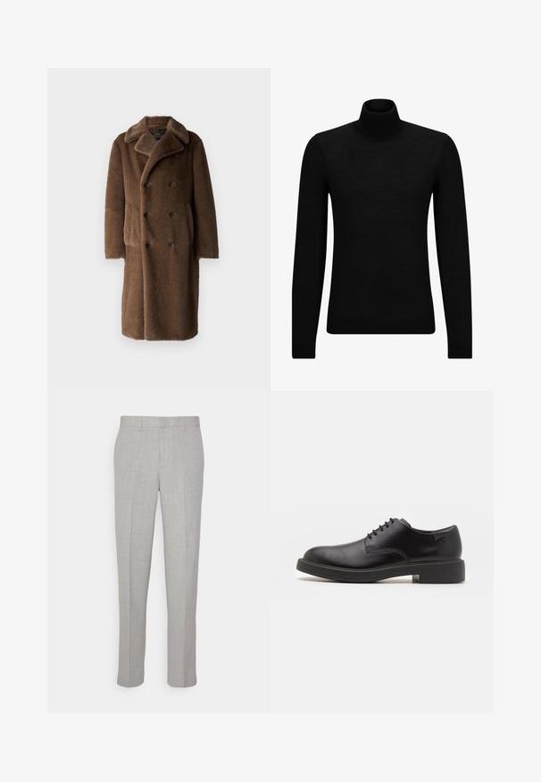 JOOP! Klassikaline mantel - rust/copper; Musthave muströid ja pehmest materjalist must turtleneck, millel on pikad varrukad ja tihe istuvus. Ribaga ääris allservas ja vöökohal. Lihtne disain.; Heledad hallid püksid sileda tekstuuriga, lame esiots ja sirged sääred. Valmistatud hingavast kangast, millel on sisepocketid ja vöölõngad.; Must beemel levalis kingad ümarate varvastega, sileda pinnaga, minimaalsete õmblustega ja madala kummist kontsaga. Logo kontsa peal.