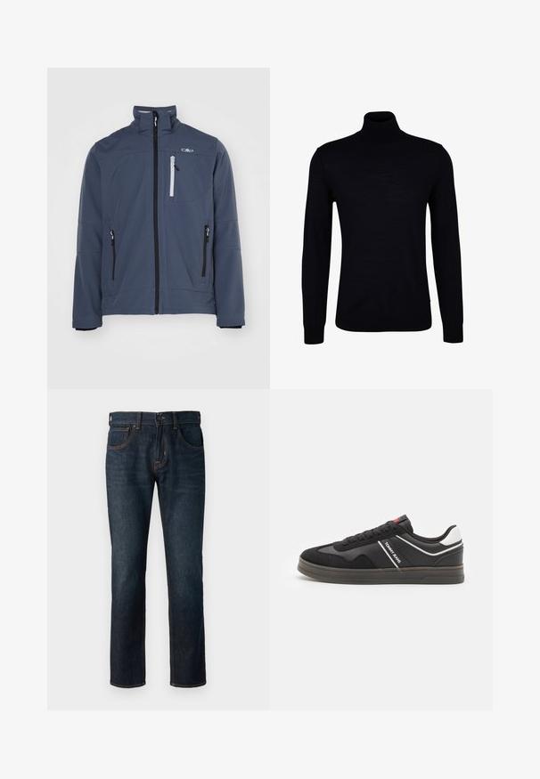 Dunkelblaue Softshelljacke mit hohem Kragen, Frontreißverschluss, Reißverschlusstaschen und kleinem Logo auf der Brust. Glatte Textur.; Schwarzer Rollkragenpullover aus einem glatten Strickstoff. Verfügt über lange Ärmel, einen eng anliegenden Kragen und gerippte Bündchen sowie Saum für eine optimale Passform.; Dunkelblaue Denim-Jeans mit geradem Schnitt. Zu den Merkmalen gehören ein Knopf- und Reißverschluss, fünf Taschen und kontrastierende Nähte.; Tommy Jeans RETRO CUPSOLE - Sneaker low - black