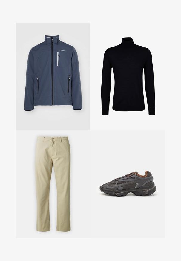 Veste softshell bleu foncé, avec un col haut, une fermeture éclair à l'avant, des poches zippées et un petit logo sur la poitrine. Texture lisse.; Pull en laine noire avec un tricot lisse. Doté de manches longues, d'un col ajusté et de bords côtelés aux poignets et à l'ourlet pour un ajustement snug.; Pantalon en coton beige avec une coupe droite, fermeture à bouton sur le devant et passants de ceinture. Texture lisse, sans motifs ou accents visibles.; Baskets Lacoste en gris foncé, en matériau mesh et synthétique, avec une semelle texturée et des accents marron sur le col et le branding.