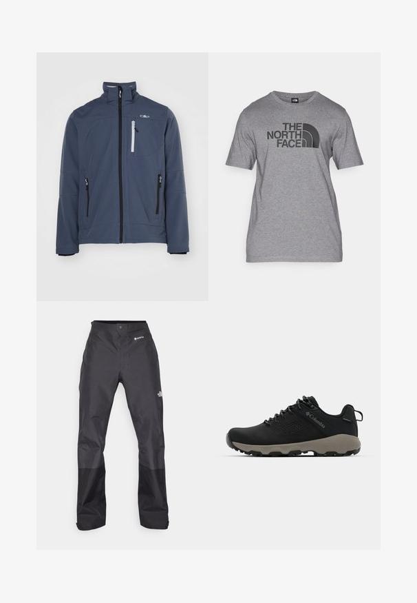 Softshelljacka i mörkblått, med hög krage, framzipper, zippered fickor och en liten logotyp på bröstet. Slät textur.; Grå kortärmad t-shirt i bomullsblandning, med en svart grafisk tryck av "THE NORTH FACE" och en böjd logotypdetalj på framsidan.; Svarta vattentäta byxor med en slät yta, med en GORE-TEX-logotyp på framsidan och förstärkta nedre ben för ökad hållbarhet.; Svart vandringsskor med en slät överdel, perforerat mönster, grå sula och förstärkt häl. Har snörning och en dragflik för enkel påtagning.
