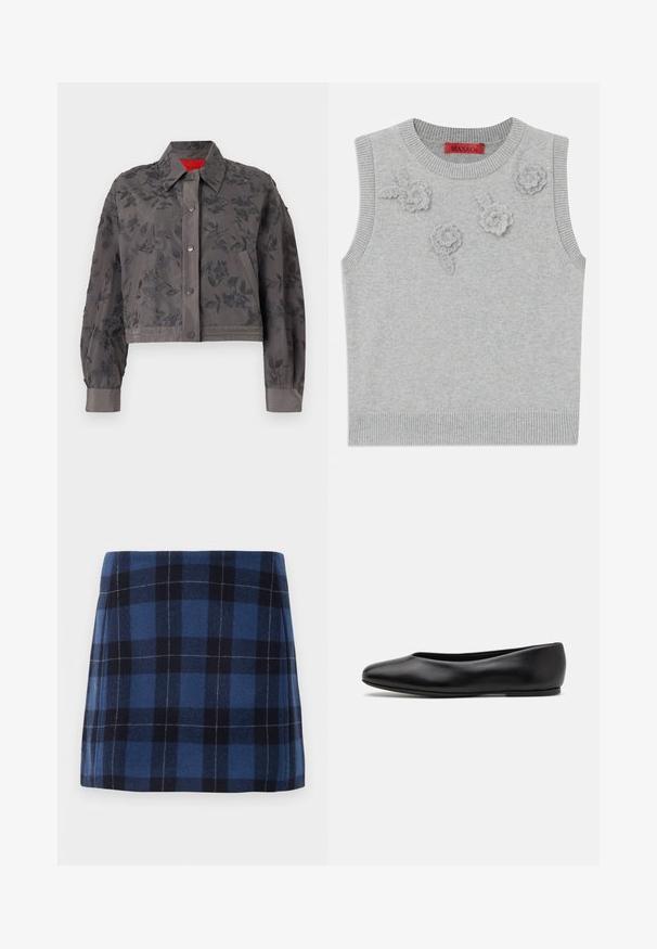 Casaco cinza cortado com bordado floral por toda a parte, apresentando um decote com gola, fecho de pressão e punhos com fita.; Sweater sem mangas de cor cinza claro, com decote e barra canelados. Apresenta três aplicações florais texturizadas na parte da frente. Etiqueta da marca: MAX&Co.; Saias mini em padrão xadrez em azul escuro e marinho, feitas de um tecido suave com um acabamento ligeiramente texturizado. Apresenta um corte reto e linhas limpas.; Paul Smith TOPANGA - Sabrinas - black