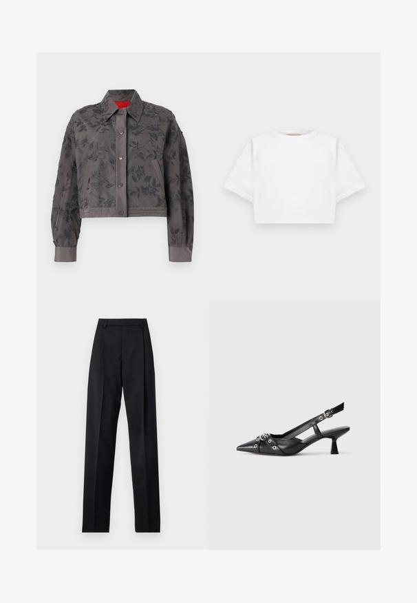 Cropped gray jacket with floral embroidery throughout, featuring a collared neckline, snap closure, and ribbon cuffs.; Cropped white t-shirt made of soft fabric, featuring short sleeves, a round neckline, and ribbed hem details. Simple and unembellished design.; Black trousers made from smooth fabric featuring a high waist, wide legs, front pleats, and classic belt loops. No side pockets visible.; Black leather slingback shoe with a pointed toe, decorative straps featuring metal eyelets, and a low block heel. Textured surface.