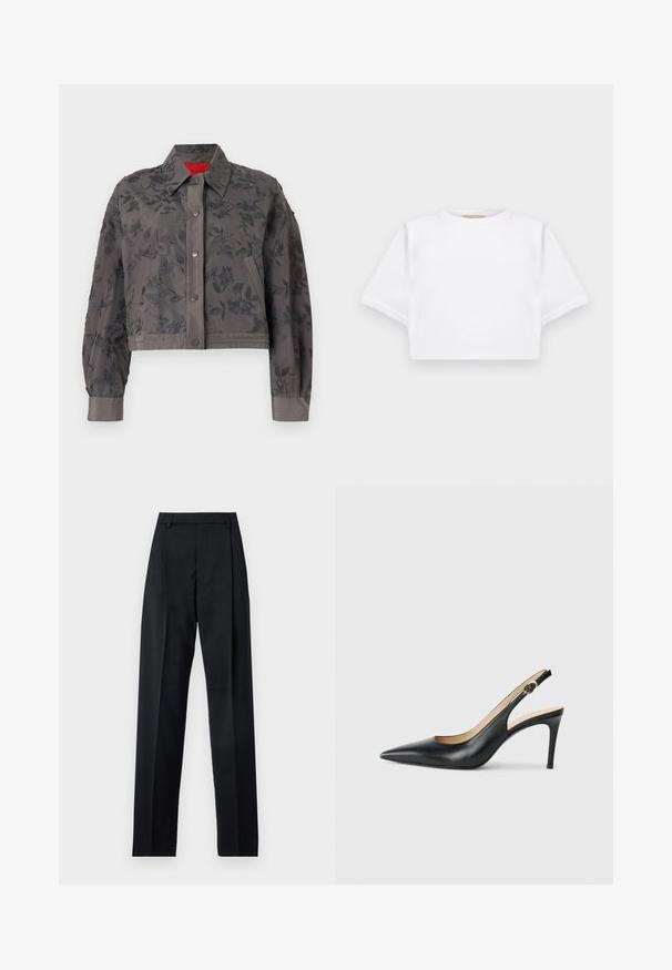 Casaco cinza cortado com bordado floral por toda a parte, apresentando um decote com gola, fecho de pressão e punhos com fita.; T-shirt branca corta, feita de tecido macio, apresentando mangas curtas, um decote redondo e detalhes de bainha canelada. Design simples e despretensioso.; Calças pretas feitas de um tecido suave, com uma cintura alta, pernas largas, pregas frontais e passadores de cinto clássicos. Não há bolsos laterais visíveis.; Saltos altos slingback em couro preto, com bico fino, tira ajustável e um elegante salto stiletto, apresentando um acabamento suave.