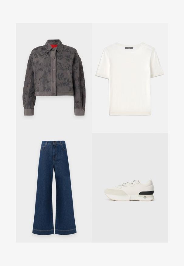 Zastrihnutá sivá bunda s kvetinovou výšivkou po celom obvode, ktorá má golier, zapínanie na cvoky a stužkové rukávy.; Biele krátke rukávy pletené tričko s okrúhlym výstrihom, ktoré má jemnú textúru a nenápadné rebrované detaily na rukávoch a leme.; Modré denimové nohavice so širokými nohavicami a vysokým pásom, ktoré majú gombíkový zapínanie, pútka na opasok a jemné švy pozdĺž vreciek a lemov.; Biele tenisky so štruktúrovanou semišovou špičkou, hladkým sieťovinovým zvrškom, dekoratívnymi šnúrkami a čiernym gumovým akcentom na päte.