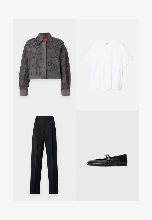 Zastrihnutá sivá bunda s kvetinovou výšivkou po celom obvode, ktorá má golier, zapínanie na cvoky a stužkové rukávy.; Biely bavlnený tričko s krátkymi rukávmi, okrúhlym výstrihom, voľným strihom a prešitým lemom. Štítok viditeľný na vnútornom krku.; Čierne nohavice vyrobené z hladkej látky s vysokým pásom, širokými nohavicami, prednými záhybmi a klasickými pútkami na opasok. Žiadne bočné vrecká nie sú viditeľné.; Čierne kožené baletky s špicatou špičkou, so pásikom s okrúhlou kovovou sponou a plochou podrážkou.