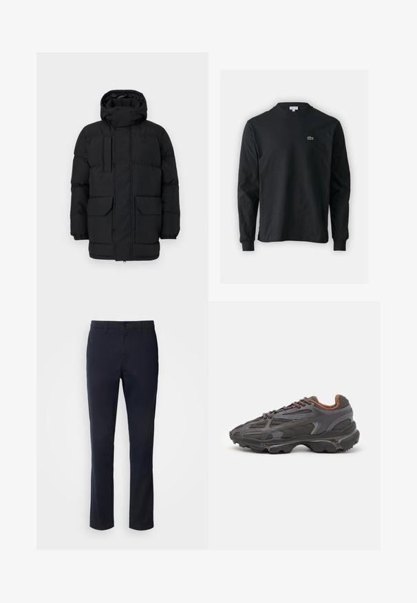Fekete párnázott dzseki kapucnival, patentos záródással, két elülső zsebbel és rugalmas mandzsettákkal. Sima textúra, laza dizájn.; Fekete hosszú ujjú pamut póló, kerek nyakkivágással, bal mellen egy kis zöld hímzett krokodil logóval.; Sötétkék nadrág sima anyagból, egyenes szárú kialakítással, övhurkokkal és gombos záródással, cipzáras kivitelben.; Sötét szürke Lacoste sportcipők hálós és szintetikus anyagból, textúrázott talppal és barna díszítésekkel a nyak részen és a logón.