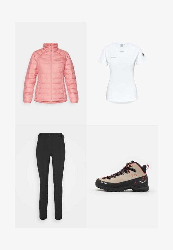 Jasnoróżowa ocieplana kurtka z wysokim kołnierzem, zapinana na zamek, z dwoma bocznymi kieszeniami. Charakteryzuje się pikowanym wzorem i detalami w szyciu.; Koszulka sportowa z krótkim rękawem w kolorze białym, z okrągłym dekoltem, z logo na piersi i gładką, lekką teksturą materiału.; Czarne, dopasowane spodnie wykonane z elastycznego materiału. Cechy to kieszeń boczna na zamek, strefowe kolana oraz gładka faktura.; Męskie buty trekkingowe z beżową zamszową cholewą, czarną gumową podeszwą, czerwonymi akcentami oraz sznurowanym zapięciem zapewniającym pewne dopasowanie.