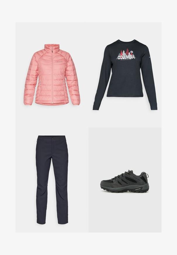 Ljust rosa vadderad jacka med hög krage, dragkedja fram och två sidofickor. Har en kviltad textur och sömnadsdetaljer genom hela jackan.; Långärmad mörkgrå tröja med grafik av röda träd och berg; "COLUMBIA"-logotyp i fet vit text. Mjukt tyg, standard rund hals.; Marina blå byxor i slät tyg, med framknäppning, slim-fit design och veckade detaljer vid knäna.; Columbia REDMOND - Hikingskor - black/citron haze