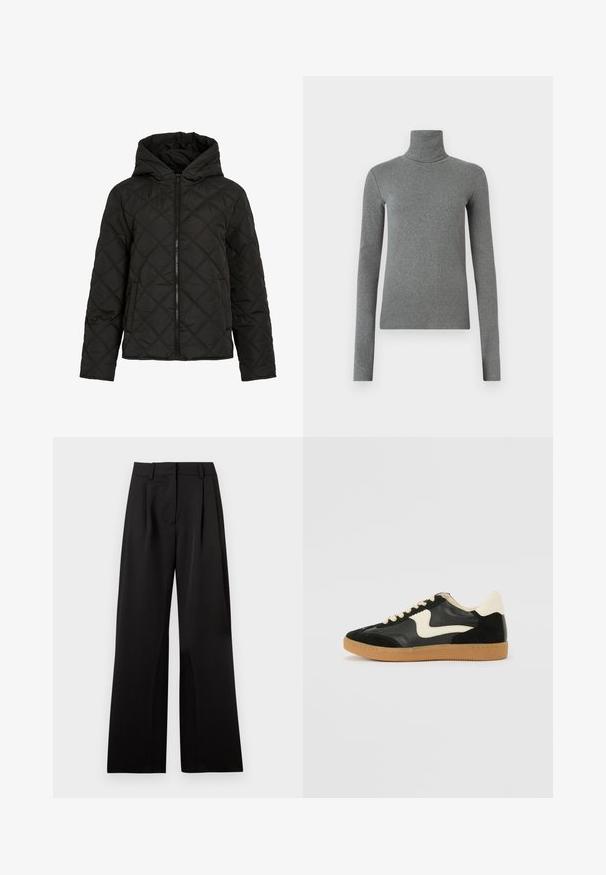 Melnā quiltētā jaka ar dimanta šuvēm, priekšējais rāvējslēdzis, kapuce un garas piedurknes, attēlota uz vienkārša baltā fona.; Pelēka uzvalka krekliņa ar augstu apkakli, izgatavots no gludas, elastīgas auduma. Garas piedurknes, pielāgota forma, minimāla tekstūra, bez redzamām rakstām vai aparatūras.; Melni platajiem biksēm ar gludu tekstūru, ar priekšējiem krokām, plakanu jostasvietu un jostas cilpiņām. Vienkāršs, piegriezuma dizains.; Melna zamšāda un ādas sporta apavi ar krēmkrāsas sānu svītru un gaiši krēmkrāsas papēdi. Ar beigu krāsas auklām un gumijas zole.