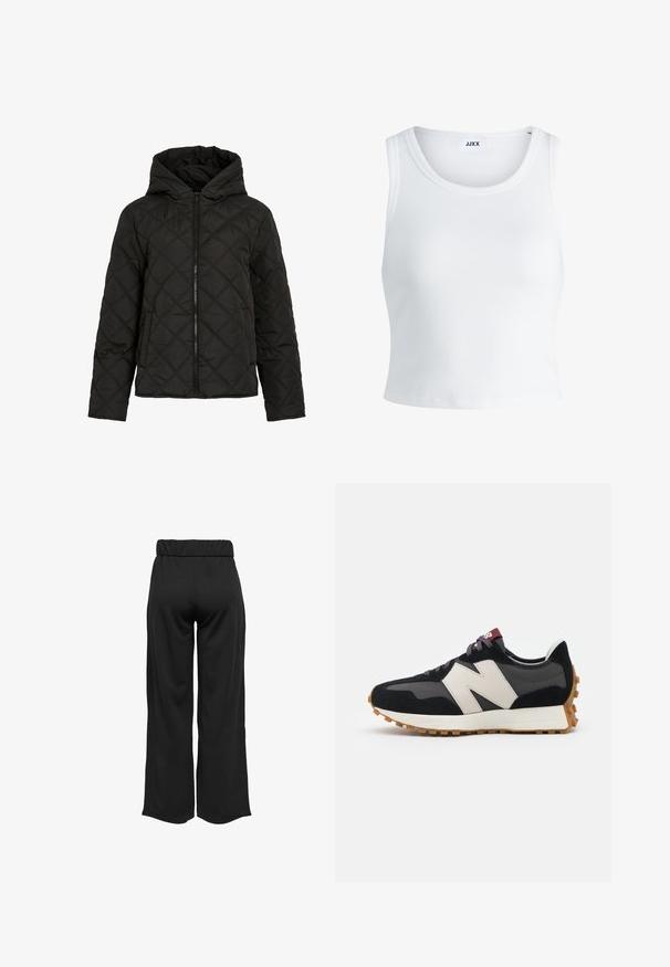 Jachetă neagră matlasată cu cusături în formă de diamant, fermoar frontal, glugă și mâneci lungi, prezentată pe un fundal alb simplu.; Top alb cu detalii texturate, cu guler rotund, fără mâneci și lungime scurtă. Eticheta spune "JJXX." Textură de țesătură netedă.; Pantaloni negri, cu croi larg și talie elastică, realizați dintr-un material neted. Au un design simplu, fără buzunare sau detalii de cusătură vizibile.; Adidași din suede negru și gri cu un mare logo "N" de culoare crem, sireturi purpurii și o talpă din cauciuc texturat de culoare gumă.