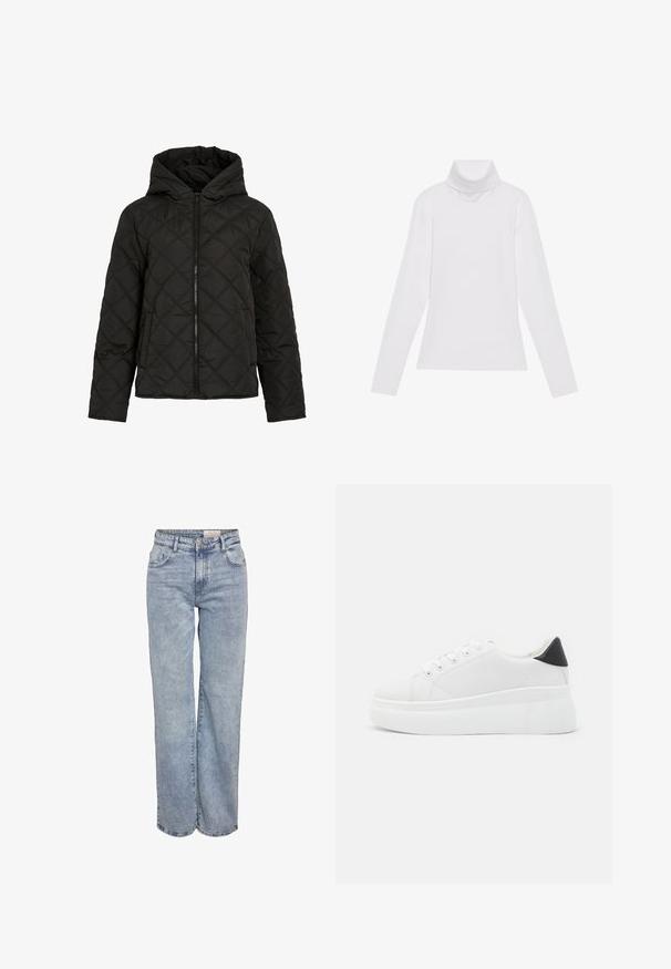 Μαύρο επενδυμένο μπουφάν με διαμαντένια ραφή, μπροστινό φερμουάρ, κουκούλα, και μακριά μανίκια, εμφανίζεται σε λευκό φόντο.; Λευκή μακρυμάνικη μπλούζα με ψηλό λαιμό από λείο, ελαστικό ύφασμα. Διαθέτει ψηλό γιακά και εφαρμοστή σχεδίαση, χωρίς ορατά σχέδια ή διακοσμητικά.; Ανοιχτού μπλε τζιν με φαρδιά πόδια, κατασκευασμένα από τζιν ύφασμα, με ψηλή μέση, πέντε τσέπες και μια subtile φθορά για ένα εμφάνιση φθαρμένου.; Λευκά πλατφόρμα αθλητικά παπούτσια κατασκευασμένα από λείο συνθετικό υλικό, με στρογγυλή μύτη, σχέδιο με κορδόνια και υφασμένη καουτσούκ σόλα. Μαύρη έγχρωμη λεπτομέρεια στη φτέρνα.