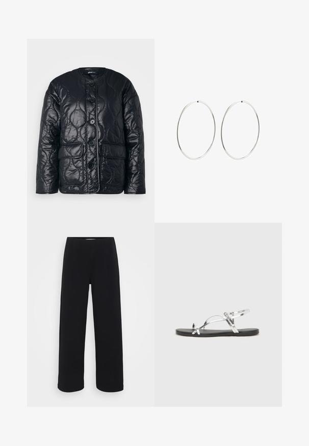 Pamušalas juodas siuvinėtas švarkas su apvaliu iškirpimu, mygtuko užsegimu, dviem priekinėmis kišenėmis ir blizgia apdaila, suteikiančia papildomą tekstūrą.; Baltas be rankovių bodis su aukštu kaklu ir thong kirpimu. Lygus paviršius ir prigludusi siluetas, skirtas apkūniam įvaizdžiui.; Juodos plačios kelnės su elastingu juosmeniu. Pagamintos iš tekstūruotos medžiagos, turi laisvą siluetą ir tiesų kirpimą nuo klubų iki krašto.; Sidabriniai metaliniai sandalai su minimalistiniu dizainu, turintys plonas dirželius ir juodą plokščią padą. Išskirtinai pabrėžiami kryžminiai dirželių akcentai.; Sidabriniai auskarai-žiedai su lygiu, apvaliu dizainu ir blizgiu paviršiumi. Jie yra ploni ir lengvi, turintys paprastą užsegimą.