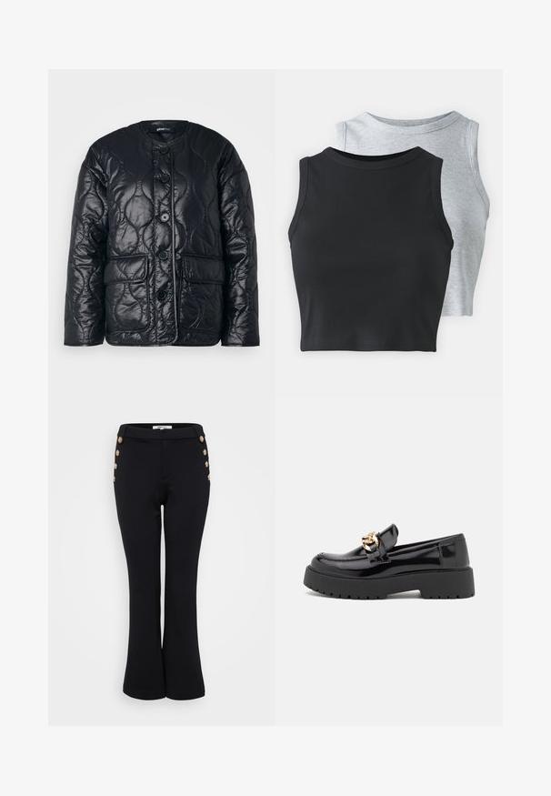 Pārsēta melna adīta jaka ar apaļu apkakli, pogu aizdari, divām priekšējām kabatām un spīdīgu apdari, lai pievienotu tekstūru.; Even&Odd Petite 2 PACK - Tops - light grey/black; Melnas platas bikses, izgatavotas no gludas auduma, ar zelta pogu akcentiem jostas daļā detaļām un pieguļošu siluetu.; Melni lakoti mokasīni ar masīvu melnu zoli un zelta aksesuāriem. Gluda tekstūra un noapaļota purngala dizains.