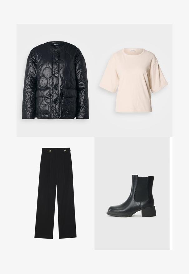 Jachetă căptușită neagră, cu un model matlasat, având guler rotund, închidere cu butoane, două buzunare frontale și un finisaj lucios pentru un plus de textură.; Tricou scurt, de culoare bej deschis, confecționat din bumbac moale. Are un guler rotund și o croială lejeră cu mansete rulate. Design minimalist.; Pantaloni negri cu picioare largi, talie înaltă, detalii cu butoane pe talie și pliseuri în față.; Botină neagră din piele cu panouri elastice pe lateral, vârf rotund și toc jos în formă de bloc. Suprafața are o textură netedă și detalii minime.