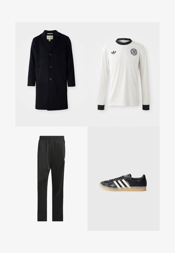 Cappotto lungo in lana nero a un bottone con colletto a becco, tre bottoni, due tasche frontali e maniche dritte.; Maglietta da calcio a maniche lunghe bianca con texture a costine, colletto e polsini neri, con logo Adidas nero e emblema grafico circolare.; Pantaloni sportivi neri realizzati in materiale liscio e leggero. Presentano una vita elastica e strisce laterali bianche con un logo sulla coscia.; Sneaker sportivo nero con strisce bianche, tessuto texturizzato, punta in pelle liscia e suola in gomma naturale. Presenta il logo sulla linguetta.