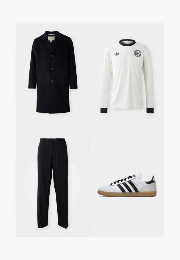 Cappotto lungo in lana nero a un bottone con colletto a becco, tre bottoni, due tasche frontali e maniche dritte.; Maglietta da calcio a maniche lunghe bianca con texture a costine, colletto e polsini neri, con logo Adidas nero e emblema grafico circolare.; Pantaloni neri a gamba dritta con passanti per cintura, chiusura a bottone e un design elegante e minimale su uno sfondo neutro.; Sneaker Adidas Samba bianca con strisce nere, lacci neri, tallone in suede beige e suola in gomma color moka, mostrata in profilo laterale sinistro.