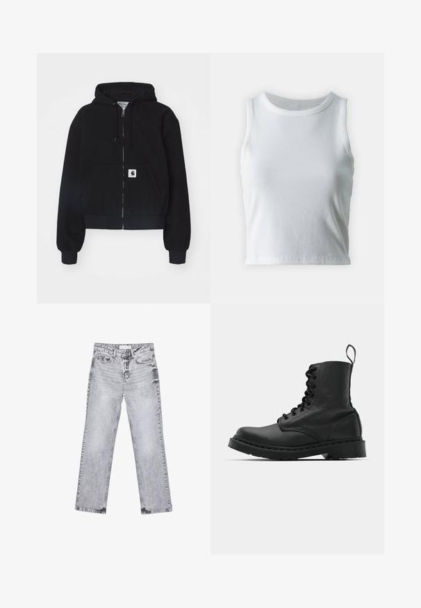 Mustan vetoketjullinen huppari, joka on valmistettu pehmeästä puuvillasta. Takissa on etutasku, nyörillä varustettu huppu ja ribattu hihansuu. Taskussa on logo-ompelu.; Valkoinen poimutettu hihaton toppi, jossa on pyöreä kaula-aukko, suora helma ja sileä, joustava materiaali.; Harmaat farkut suoran lahkeen leikkauksella, kulutettu yksityiskohtia, viisi taskua ja kuparinappi. Vyötärönauha sisältää logotagin.; Musta nahkasaapas taisteluun, jossa on pyöreä kärki, nauhakiinnitys etuosassa ja vetolenkki nilkassa. Varustettu paksulla kumipohjalla kestävyystä varten.