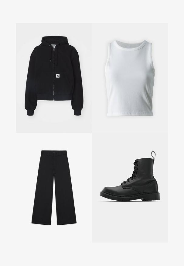 Black zip-up hoodie made of soft cotton, featuring a front pocket, drawstring hood, and ribbed cuffs. Includes a logo patch on the pocket.; White ribbed tank top with a round neckline and sleeveless design, featuring a straight hem and a smooth, stretchy texture.; Wide-leg black pants made of a soft, woven fabric. Features pressed creases, belt loops, and a clean, tailored finish.; Black leather combat boot with a round toe, lace-up front, and a pull tab at the ankle. Features a thick rubber sole for durability.