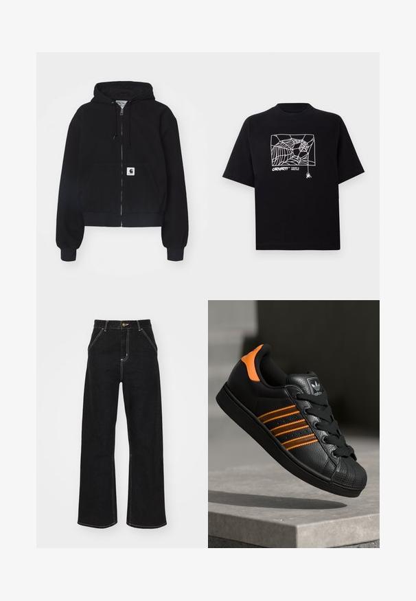 Musta tõmblukuhoodie, mis on valmistatud pehmest puuvillast. Sellel on eesmine tasku, nööri kapuuts ja soonikkoes varrukad. Taskul on logokleeps.; Mustmust särgis, millel on lühikesed varrukad. Esipaneelil on valge ämblikuvõrgu graafika ja logo. Lihtne ümmargune kaelus.; Mustmustest mustadest denimist, millel on kontrastsed valged õmblused ja esine nupp, kahe nurga all asuva esipocketiga.; Mustad mustad mustad oranzhides üksikasjad, kolm horisontaalset triipu, tekstureeritud nahk pealisosa, kummist varbaosa ja mustad paelad.