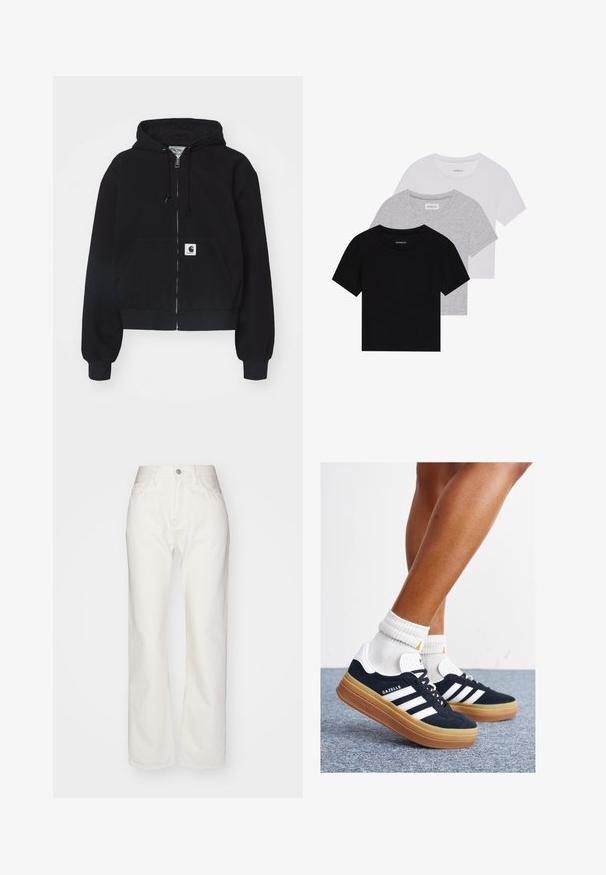 Hanorac negru cu fermoar, fabricat din bumbac moale, având o buzunare frontală, glugă cu șnur și manșete ribbate. Include un patch cu logo pe buzunar.; Set de trei tricouri cu mâneci scurte, în negru, gri și alb. Fabricate din bumbac, cu guler rotund și un design simplu, de culoare uniformă.; Pantaloni din denimul alb cu talie înaltă și croială largă. Prezintă un sistem de închidere cu nasture și fermoar, bucle pentru curea și detalii de cusătură subtile.; Adidași negri din piele întoarsă cu dungi și accente albe, vârf rotund, talpă de cauciuc gumă, asortați cu șosete albe cu model nervurat.