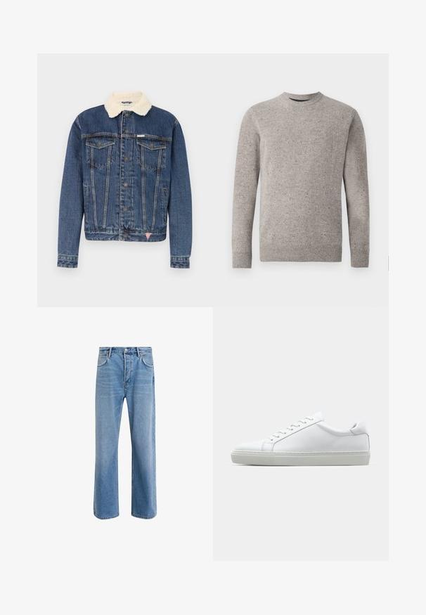 Džínová bunda v tmavě modré barvě s umělým kožešinovým límcem. Obsahuje dvě náprsní kapsy, knoflíkové zapínání a světlé umývané akcenty. Strukturovaný střih.; Svetle šedý pletený svetr s kulatým výstřihem, dlouhými rukávy a žebrovanými manžetami a lemem. Texturovaný vzor s barevnými skvrnami.; Světle modré džínové kalhoty s rovnými nohavicemi, pěti kapsami, zapínáním na knoflík, minimálním vyblednutím a kontrastním prošitím.; Bílé tenisky s hladkým koženým svrškem a nízkým profilem. Mají zaoblenou špičku, šest nýtů a texturovanou gumovou podrážku.