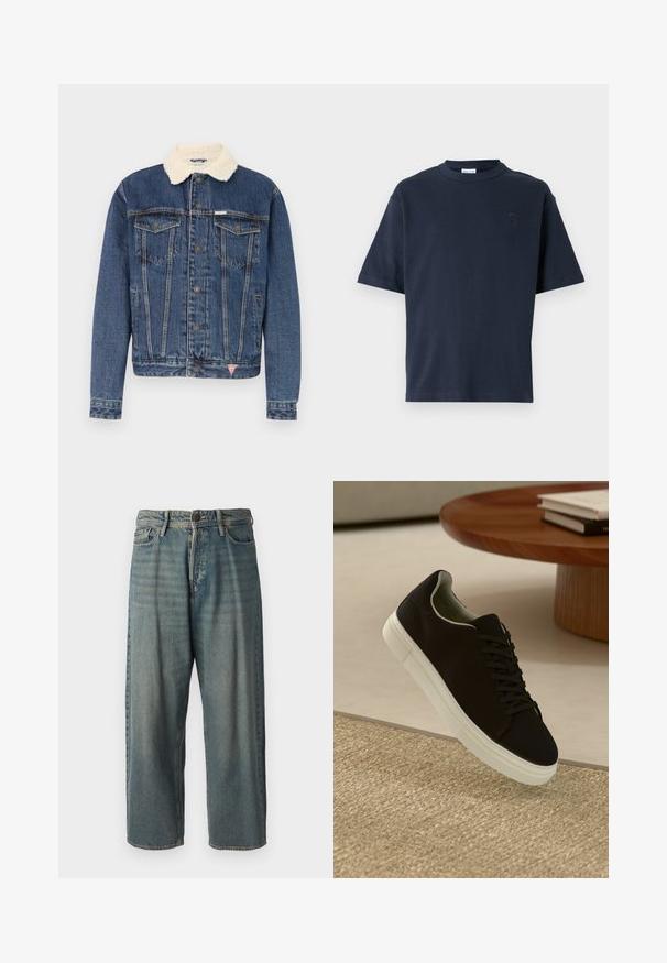 Sötétkék farmerdzseki műszőrme gallérral. Két mellzsebből, gombos záródással és világos mosási részletekkel rendelkezik. Strukturált fazon.; Tengerészkék, rövid ujjú pamut póló. Kerek nyakkivágással és finom logóval az emlőn. Egyenes vonalú fazon, minta nélkül.; Világoskék farmernadrág, laza fazonnal, közepes derékbőséggel és egyenes szárral. Öt zsebet, övbucskát és gombos záródást tartalmaz.; Fekete sneakers fehér talppal lebeg egy bézs textúrájú szőnyeg felett, egy kerek fából készült asztal közelében, rajta egymásra pakolt könyvekkel.