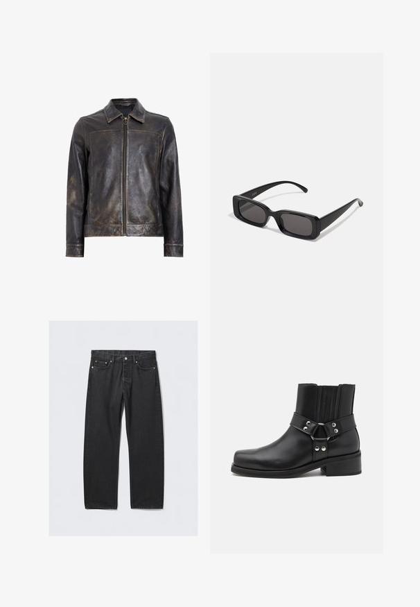 Mustat nahkatakki, jossa on vetoketju, seisova kaulus ja hienovarainen kulunut tekstuuri. Varustettu pyöreällä metalliosalla vetoketjussa.; Valkoinen puuvillapaita, jossa on pyöreä kaula-aukko ja lyhyet hihat. Rentomallinen, ilman näkyviä kuvioita tai yksityiskohtia. Sileä tekstiili.; Mustat denim-farkut suoran lahkeen leikkauksella, joissa on napin sulku, viisi taskua ja kuparinvärisiä yksityiskohtia. Liukas pinta.; The Kooples CHAUSSURES - Biker-/cowboynilkkurit - black; Mustat suorakaiteen muotoiset aurinkolasit, joissa tummat linssit, kiiltävä pinta, leveät sangan varret ja massiivinen kehysmuotoilu. Yhden sangansivun kaiverrettu brändinimi.