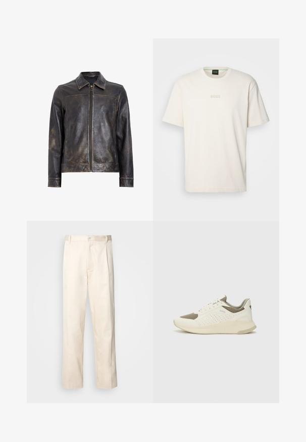 Casaco de couro preto com fecho de zíper, colarinho alto e uma textura suavemente desgastada. Apresenta um detalhe em hardware circular no zíper.; BOSS TEE - T-shirt básica - open white; Calças de algodão bege com corte reto, apresentando um fecho de botão e pregas na frente para um detalhe adicional.; Sapatilha atlética branca e bege claro, com parte superior em malha, detalhes perfurados e uma entressola texturizada com marcação no calcanhar.