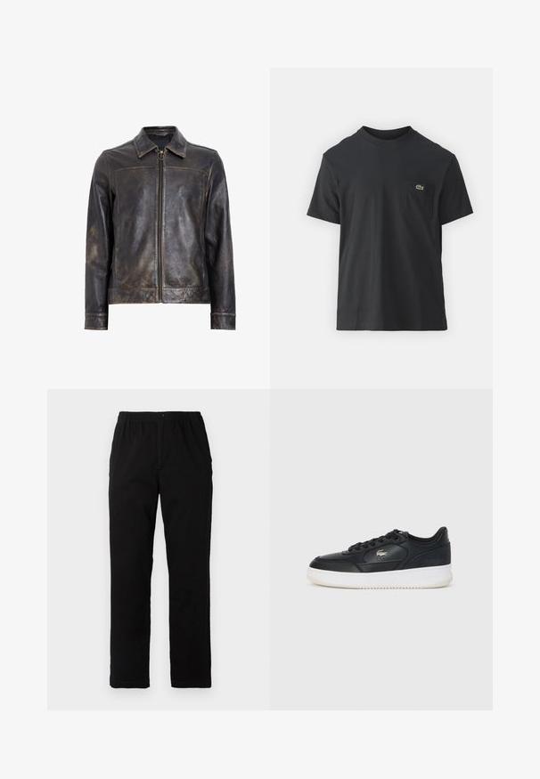 Jachetă din piele neagră cu închidere prin fermoar, guler înalt și o textură ușor uzată. Prezintă un accent hardware circular pe fermoar.; Tricou din bumbac negru, cu mâneci scurte, decolteu rotund și un mic logo verde pe buzunarul stâng al pieptului. Design simplu, fit normal.; Pantaloni negri dintr-un material textil amestecat de bumbac, cu croială dreaptă, talie elastică cu nasture și fără modele sau accente vizibile.; Adidași din piele neagră cu talpă albă, prezentând un vârf rotund, un design cu șireturi și un logo subtil pe lateral. Accente texturate la suprafață.